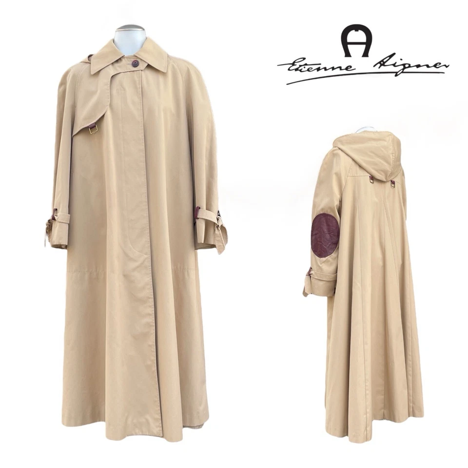 Vintage ETIENNE AIGNER Womens S M Trench Coat Leather Patch Swing Back Classic