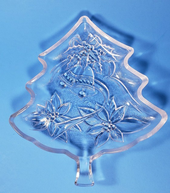 Clear Glass Christmas Tree Holly Bells Poinsettias Candy Dish eBay