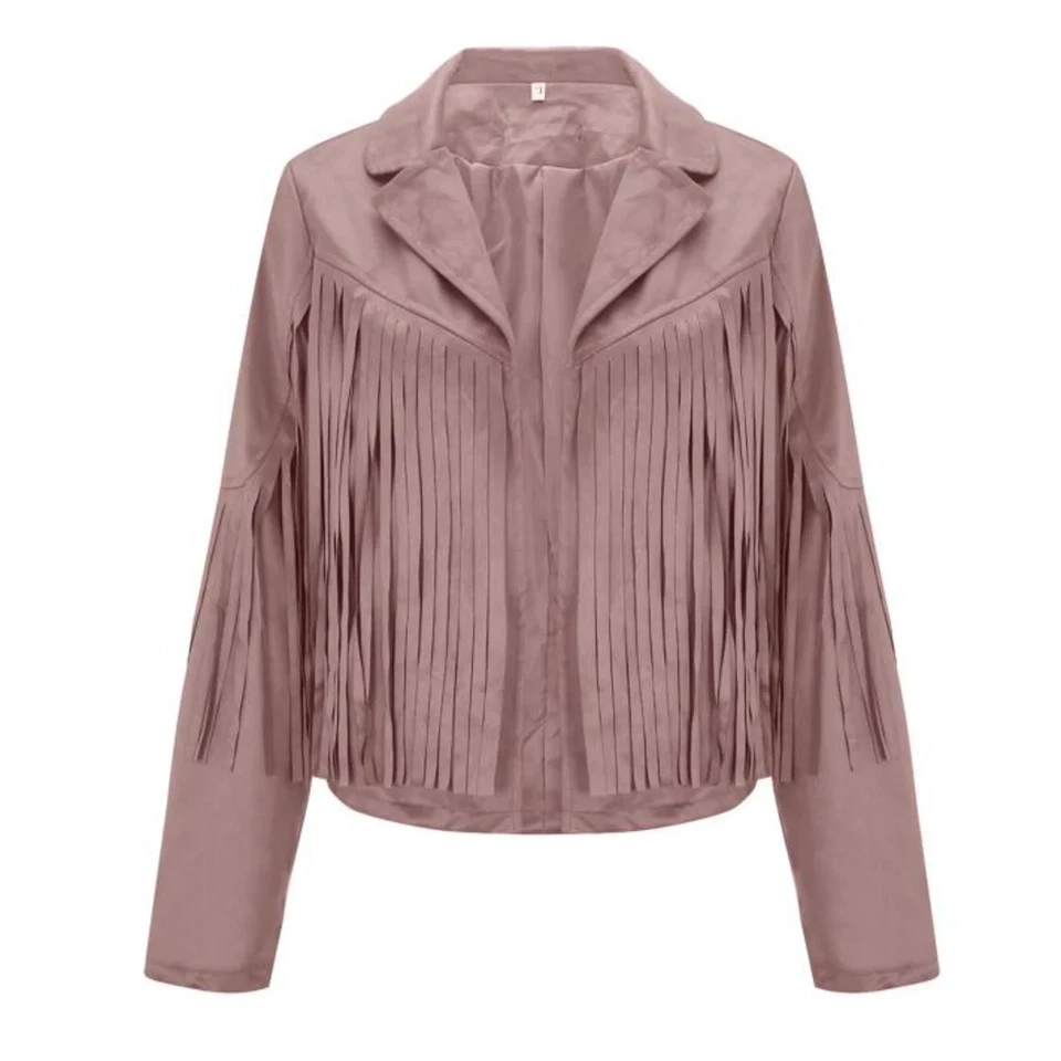 Pink Fringe Leather Jacket Women Suede Biker Moto Custom Made Size S M L XL XXL - Image 2 of 4