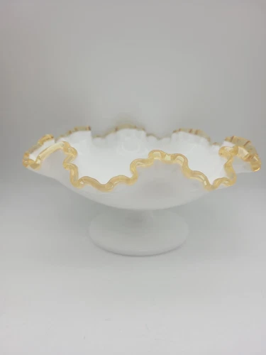 Vintage Fenton Amber Crest Milk Glass Compote Pedestal Candy Dish Ruffled Bowl