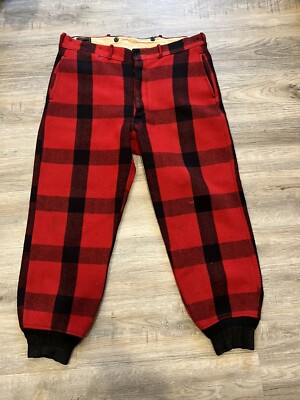 Vintage Chippewa Falls Woolen Mill Red Black Check Trousers 40x29 -  Suspenders