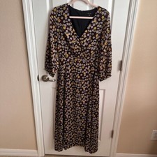 Madewell Floral Print Wrap Front Long Sleeve Dress V-Neck Black Size 2