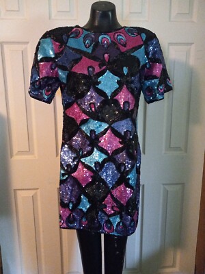 Vtg Elegance Anujan Silk Black Pink Teal Purple Sequined Evening Party dress  LG | eBay
