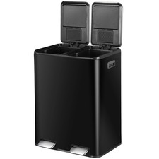 Dual Trash Can 60Liter/16Gallon Stainless Steel Step Trash Can Garbage Bin Black