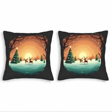 Set of 2 Throw Pillow Covers 18x18in - Winter Scene with Reindeer&Christmas Tree
