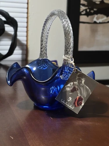Fenton Art Glass Blue Cobalt Ruffle Basket W/Clear Braided Handle Approx 7" High