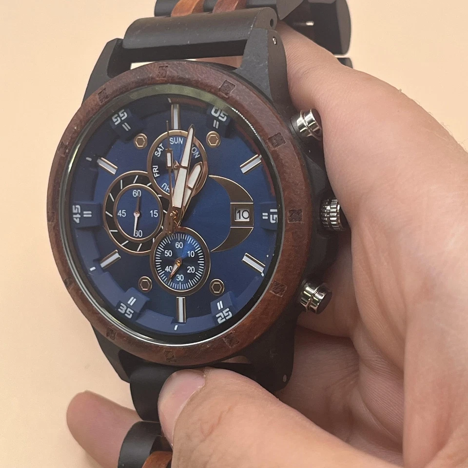 Wooden Analog Watch Mens Blue Dial Day Date Subdials Quartz Wood Band Rose Gold - Image 4 of 4