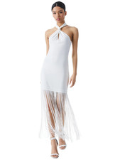 ALICE + OLIVIA STEPH OFF WHITE TWIST NECK LACE FRINGE MINI DRESS SIZE 4 NWT