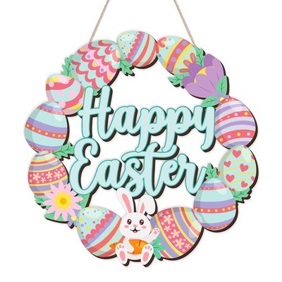 Happy Easter Decorations Door Sign, Bunny Eggs Wood Wreath for Front Door Por...