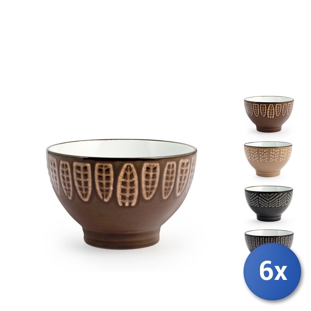 6X H&H Bowls In Stoneware Ethnic Brown Assorted/O CC500