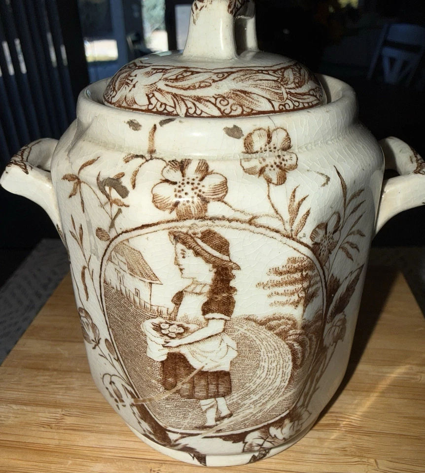 Antiguo tarro de azúcar con tapa Little May W Eggs Brown Transferware Staffordshire  Foto 4 de 4