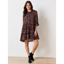Loft SZ XL Floral Clip Tiered Button Dress NWT $89 Black Multicolored Floral