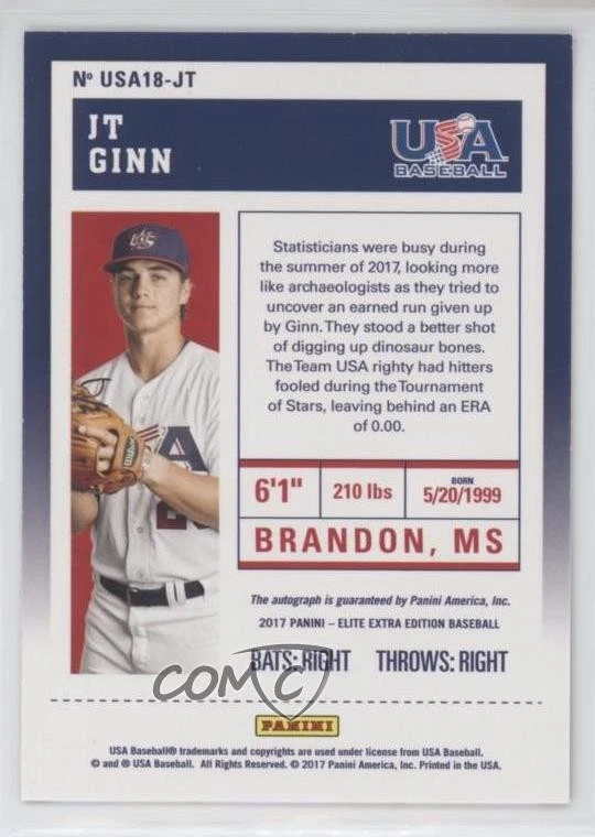 2017 Panini Elite Extra Edition USA Baseball 18U Tickets Gold /100 JT Ginn Auto - Image 2 of 2