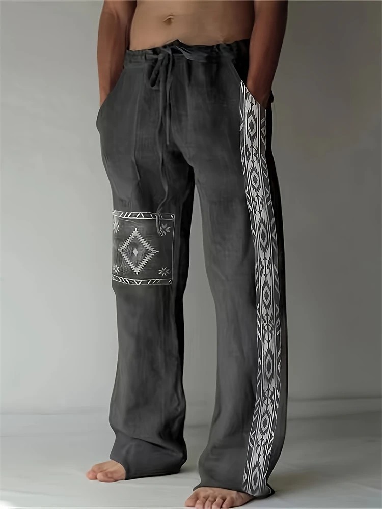 Summer Drawstring Wide Leg Pants, Bohemian Retro Printed Beach Pants