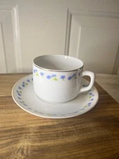 Vintage German Teacup and Saucer Set Blue Floral with Gold Trim Porcelain
