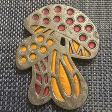 VTG Nevco Pewter Tone Cast Iron Mushrooms Trivet W/ Stained Glass Look