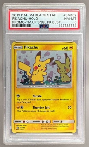 142738774 Pikachu 2019 Pokemon Sun Moon Team Up Promo #SM162 PSA 8