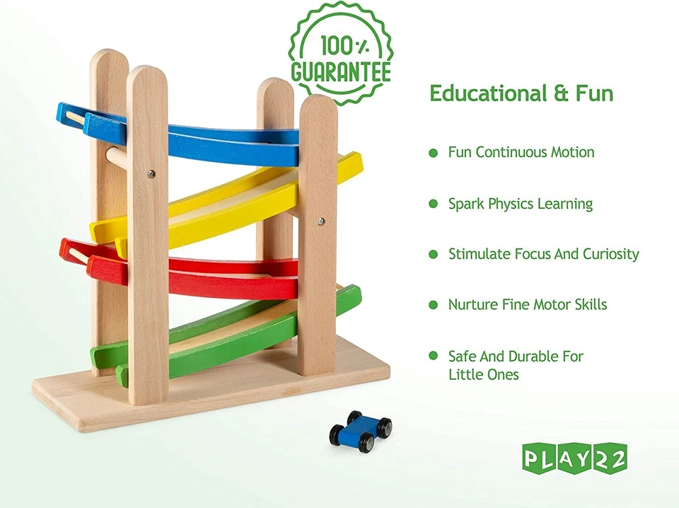 Rampa de madera para coche de 4 niveles pista de carreras - Incluye 4 coches de juguete de madera Foto 3 de 4