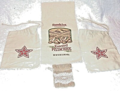 (291)  4-Cotton Cloth Gift/Collectible Drawstring Bags-Varying Sizes & Graphics