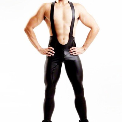 Men Faux Latex Overall Jumpsuit Spandex 