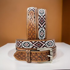 Full Grain Leather Hand Tooled Western Belt Cowboy Rodeo Beaded Removable Buckle