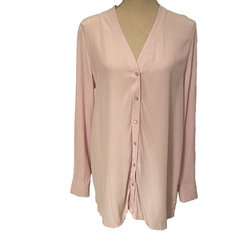 VINCE top blouse Tunic Pale Pink Silk Long Tab Sleeves V-neck Buttons Size S