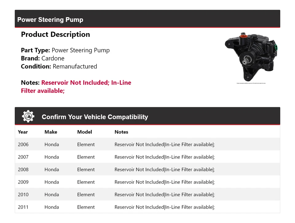 Bomba de dirección asistida Cardone para Honda Element 2006-2011 2007 2008 2009 2010 Foto 2 de 4