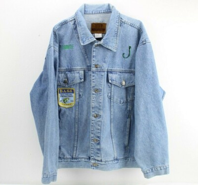 Denim Express Jean Jacket Men's Size 2XL 100% Cotton Bass Patches Fisherman