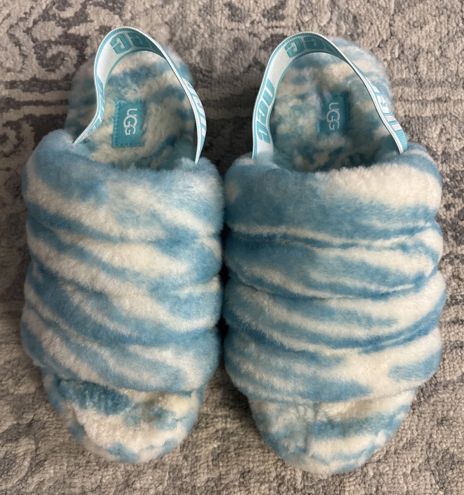 UGG FLUFF YEAH SLIDE ZEBRA ACQUA TRASPARENTE MOCASSINO SLIP ON SANDALO US 8 EU 39 UK 6