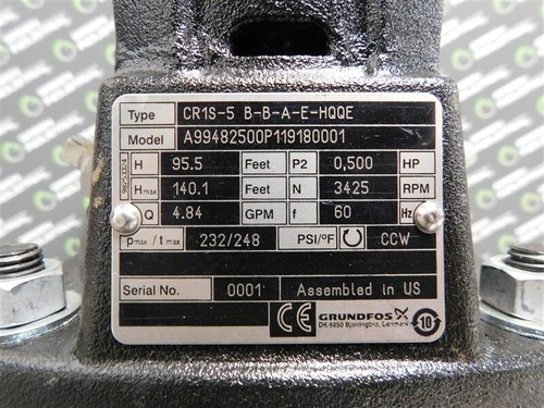 NEW Grundfos CR1S-5 B-B-A-E-HQQE Pump ML71AB-2-56C-C Motor 4.84GPM 208/230/460 V - Picture 7 of 10