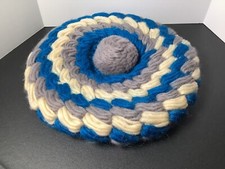 Vintage Crochet Cap Beret Pompom Boho Hippie 100 Virgin Wool Hat Made In Italy