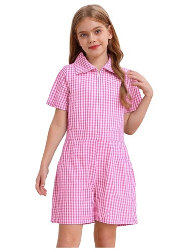Kids Girls Plaid School Uniform Playsuit Short Sleeve Turn-Down Collar Jumpsuit - Picture 32 of 107