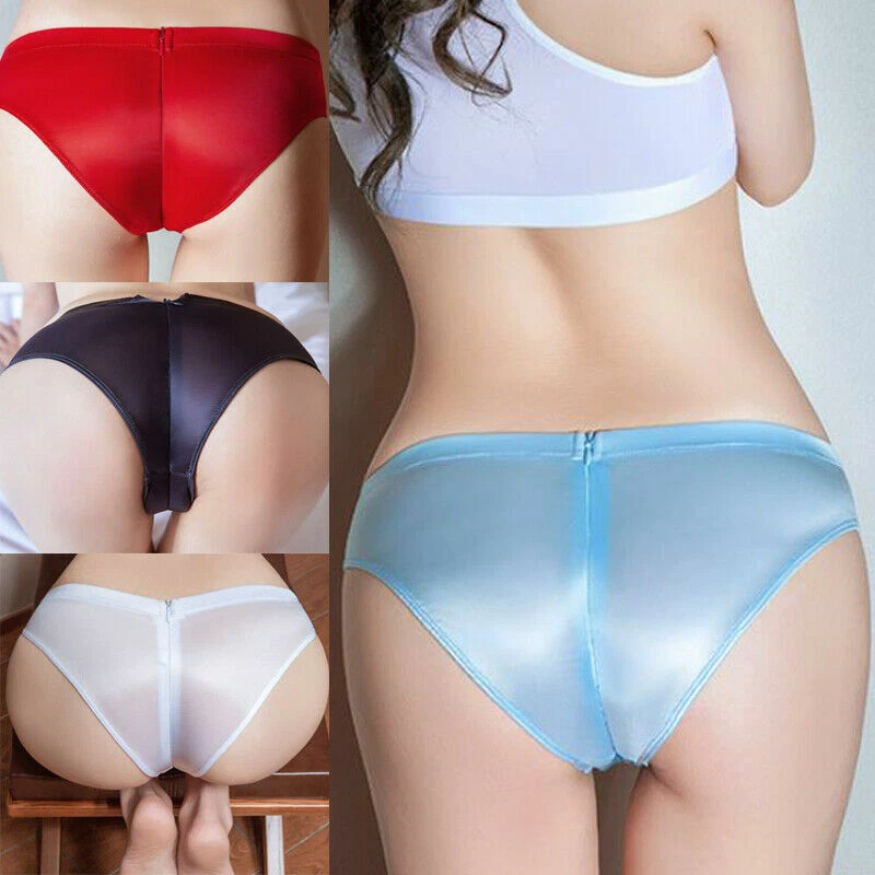 Women Oil Shiny Panties Underwear Glossy See Through Zip Open