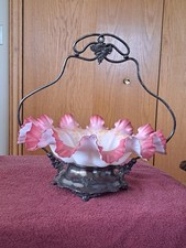Derby  Silver Co. . Cranberry, Pink Gold Burmese Ruffled Antique Brides Basket