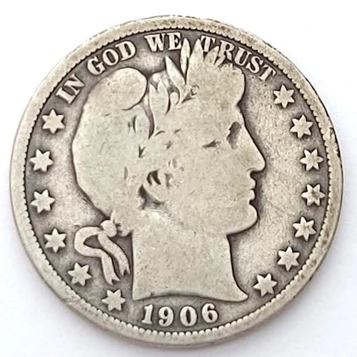 1906-P-Barber Half Dollar Silver Coin 90%  Silver Coin  V.G.