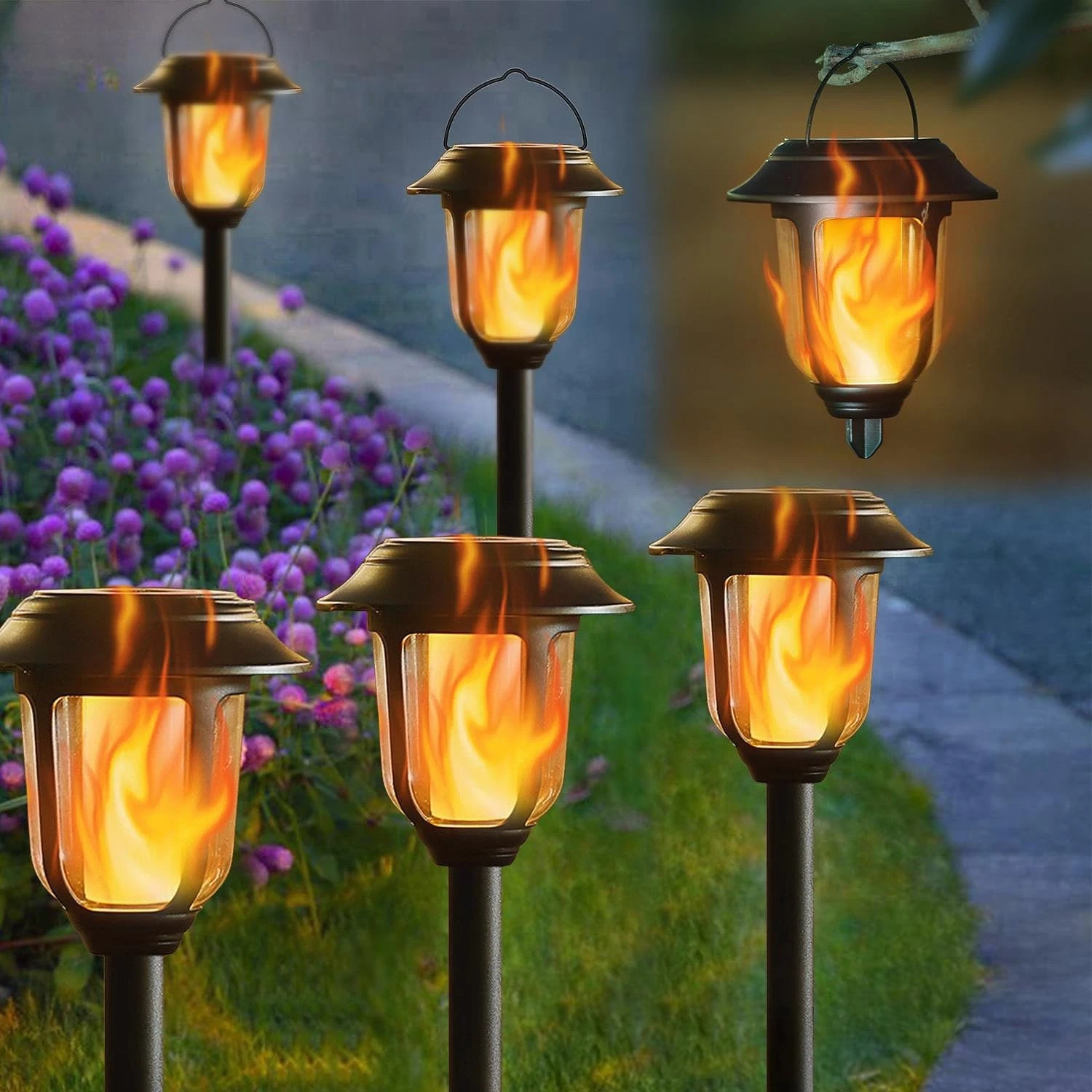 Dual Use Solar Flame Lights Outdoor 6 Pack, Solar Flickering Flame Pathway Li...
