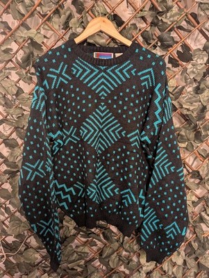 Vintage Pullover Graphix 80er Geometrischer Strickpullover L schwarz/türkis abstraktes Muster