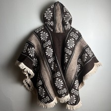 Alpaca Wool poncho hooded cape women's aztec Boho Surf braided Brown cozy 43x27