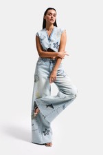 Embroidered Palazzo Jeans   Nautical Coastal Wide Leg Denim Trousers