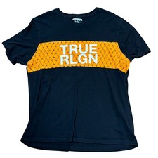 True Religion Graphic T-Shirt Mens XL Monogram Chest Logo Black Orange SS Cotton