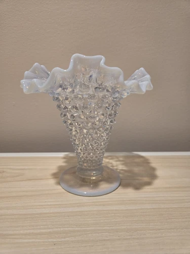 Vintage Fenton Crimped French Opalescent Hobnail Cone Trumpet Vase Cottage Core