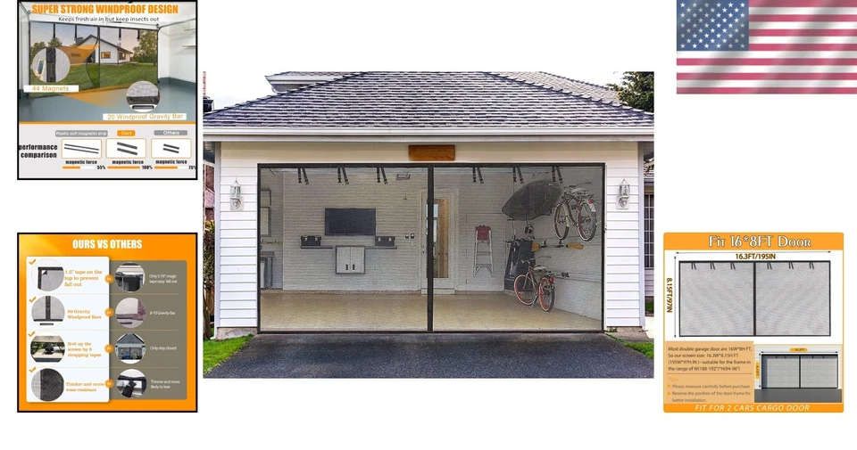 Garage Screen Door Fiberglass Heavy Duty Magnetic Fits 16x8FT Multiple Uses - Image 2 of 4