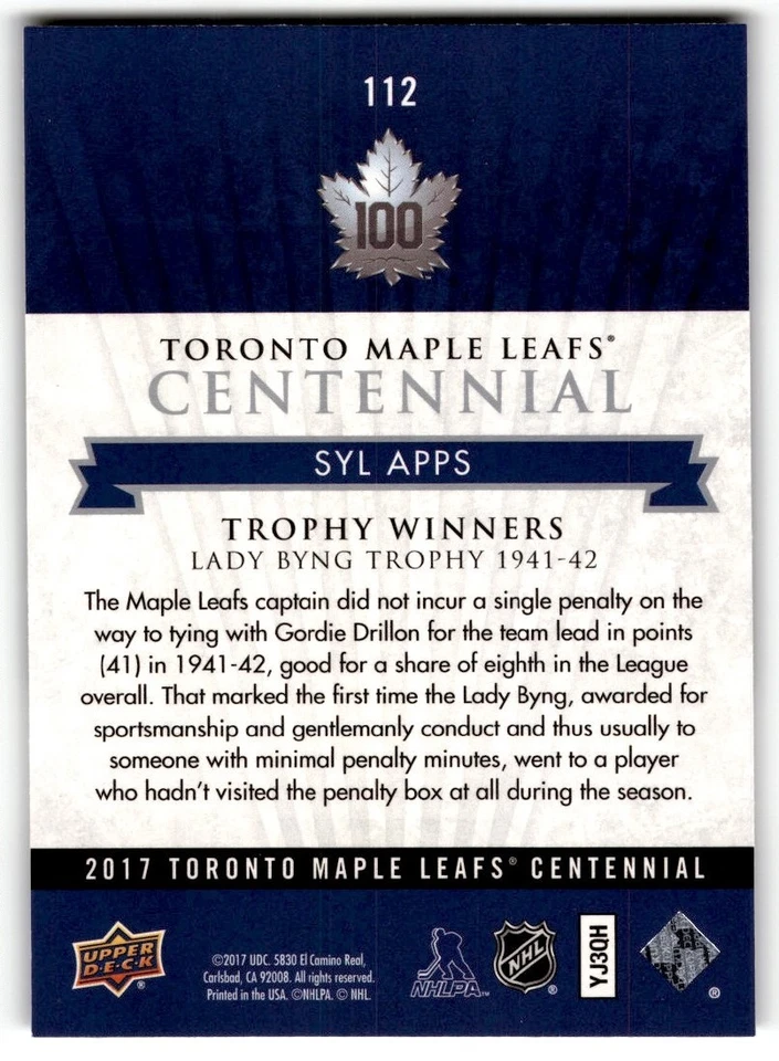 Syl Apps 2017-18 Upper Deck Toronto Maple Leafs Centennial SP #112 - Image 2 of 2