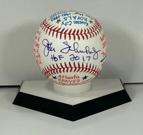 John Schuerholz Signed OML Baseball, VCBC SuperStats, Hand Painted HOF 2017 Insc