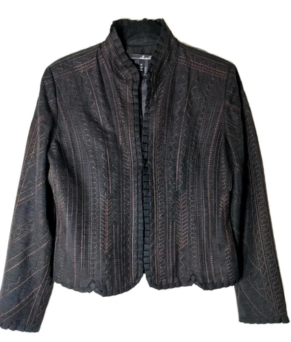 CHANEL Giacca Willi Smith anni 90 seta nera e marrone ricamata cuciture M GothOfficeSiren