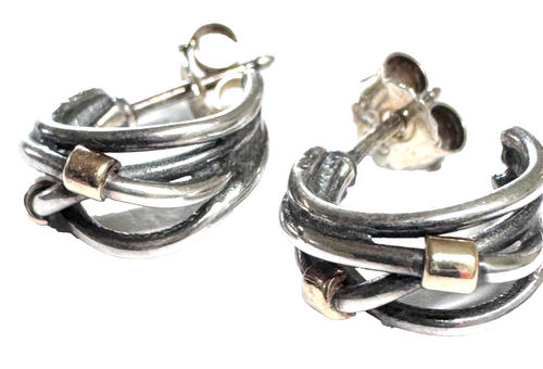 PANDORA Two Tone Intertwined Rope Hoop Earrings 14K Gold Silver 290263 Rare - Picture 2 of 6