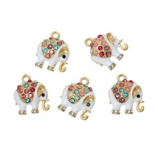 5 Stunning Gold Plated Elephant Charm Pendants with Mixed Rhinestone and Enamel