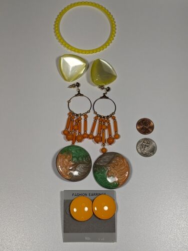 Orange Yellow Jewelry Long Necklace Chandelier & Button Earrings Bracelet 1980s - Picture 11 of 13