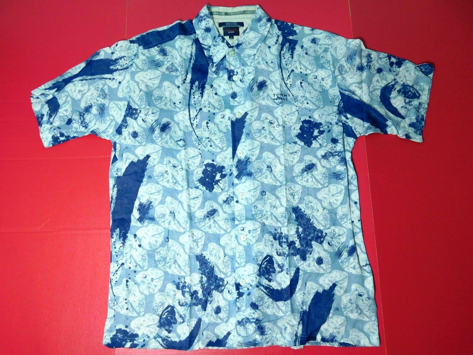 Vtg Tommy Hilfiger Camp Shirt Men's Large Blue Rare Abstract Floral Aloha Cotton