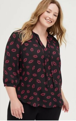 TORRID Sz 3 3X(22-24) Peasant Blouse Georgette Leopard Lips Black NWT 